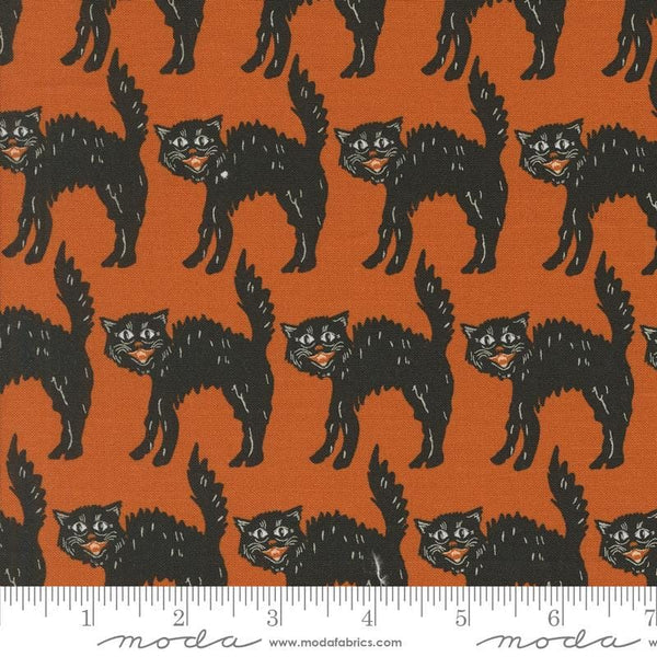 Image of the Home Sweet Haunt Black Cat Rust quilting cotton fabric by Moda Fabrics. Features scats on an orange background. Cute Little Fabric Shop