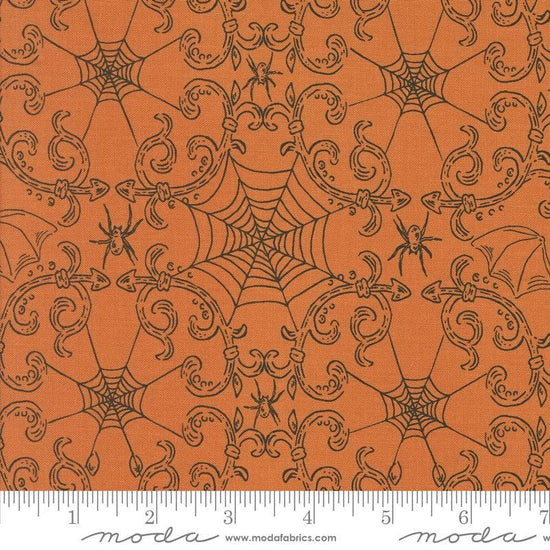 Image of the Home Sweet Haunt Webs Pumpkins quilting cotton fabric by Moda Fabrics. Features spiderwebs on an orange background. Cute Little Fabric Shop
