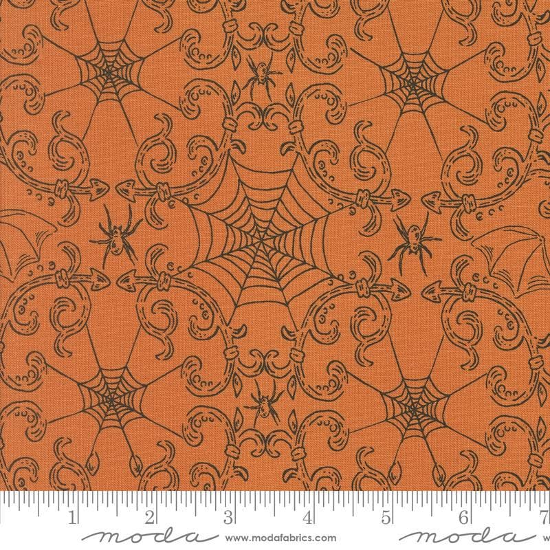 Image of the Home Sweet Haunt Webs Pumpkins quilting cotton fabric by Moda Fabrics. Features spiderwebs on an orange background. Cute Little Fabric Shop