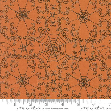 Image of the Home Sweet Haunt Webs Pumpkins quilting cotton fabric by Moda Fabrics. Features spiderwebs on an orange background. Cute Little Fabric Shop