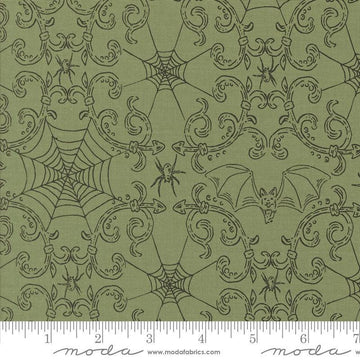 Image of the Home Sweet Haunt Webs Moss  quilting cotton fabric by Moda Fabrics. Features spiderwebs on a green background. Cute Little Fabric Shop