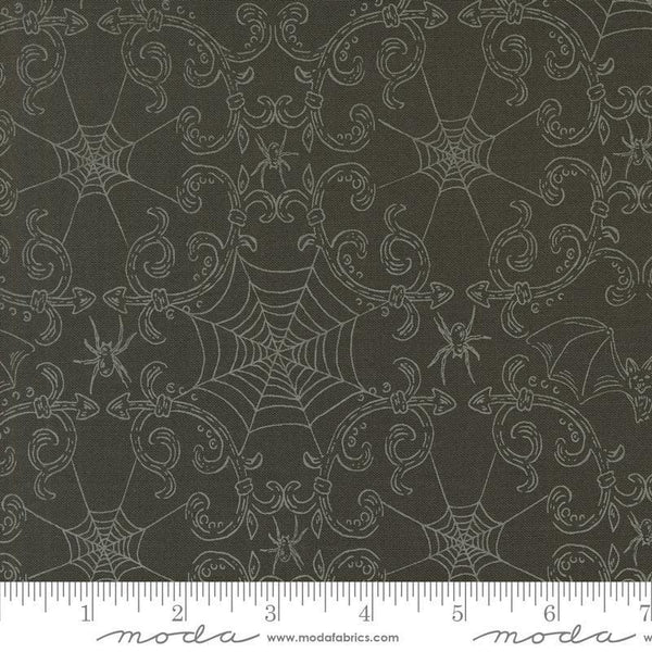 Image of the Home Sweet Haunt Webs Charcoal quilting cotton fabric by Moda Fabrics. Features spiderwebs on a black background. Cute Little Fabric Shop