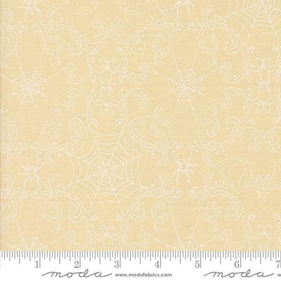 Image of the Home Sweet Haunt Webs Bone White quilting cotton fabric by Moda Fabrics. Features spiderwebs on a cream background. Cute Little Fabric Shop