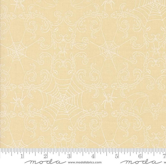 Image of the Home Sweet Haunt Webs Bone White quilting cotton fabric by Moda Fabrics. Features spiderwebs on a cream background. Cute Little Fabric Shop