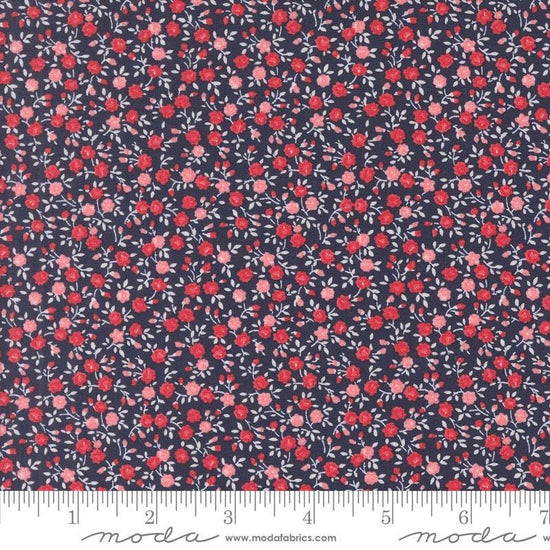 Image of the Summertime Bloom Navy quilting cotton fabric by Moda Fabrics. Features flowers on a blue background. Cute Little Fabric Shop