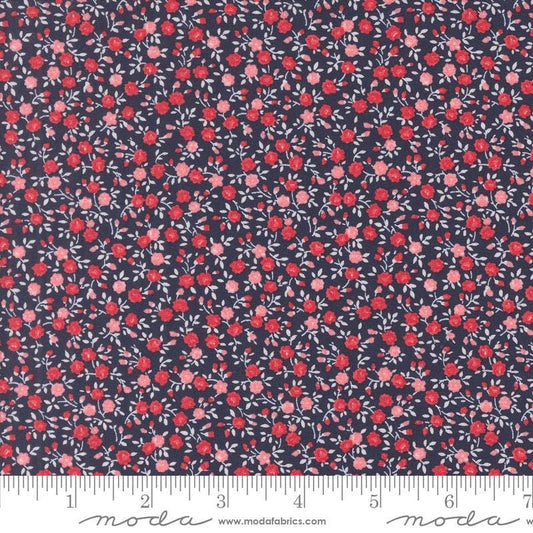 Image of the Summertime Bloom Navy quilting cotton fabric by Moda Fabrics. Features flowers on a blue background. Cute Little Fabric Shop
