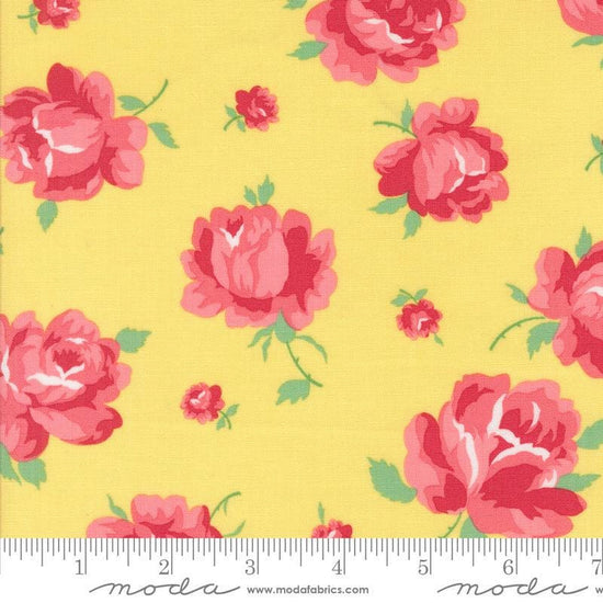 Image of the Summertime Rosie Sunshine quilting cotton fabric by Moda Fabrics. Features flowers on a yellow background. Cute Little Fabric Shop