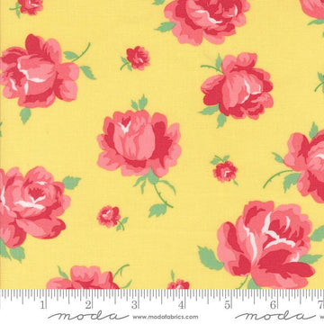Image of the Summertime Rosie Sunshine quilting cotton fabric by Moda Fabrics. Features flowers on a yellow background. Cute Little Fabric Shop