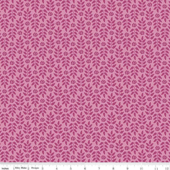 Image of the Morning Meadow Meadow Stems Orchid quilting cotton fabric. Features flowers on a pink background. Cute Little Fabric Shop