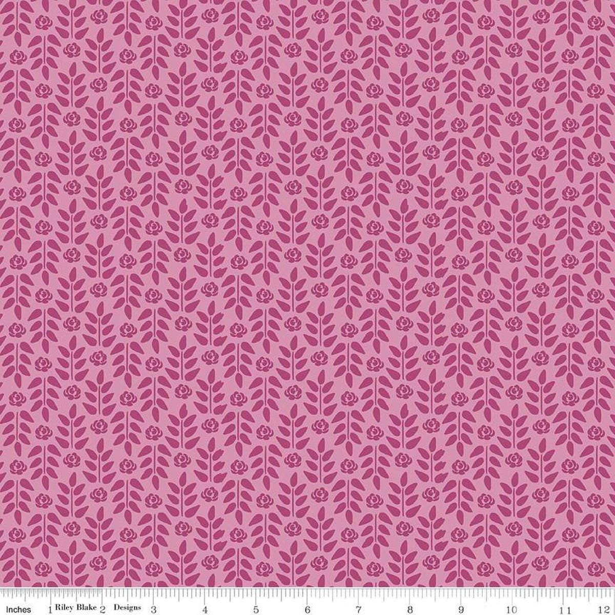 Image of the Morning Meadow Meadow Stems Orchid quilting cotton fabric. Features flowers on a pink background. Cute Little Fabric Shop