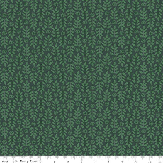 Image of the Morning Meadow Stems Green quilting cotton fabric. Features sprigs on a green background. Cute Little Fabric Shop