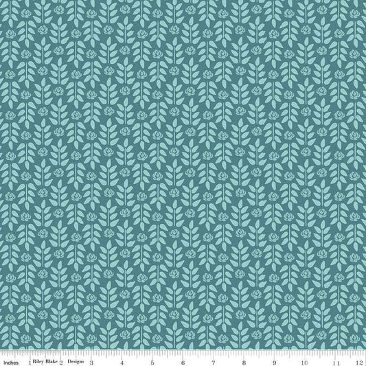 Image of the Morning Meadow Stems Dusk quilting cotton fabric. Features sprigs on a blue background. Cute Little Fabric Shop