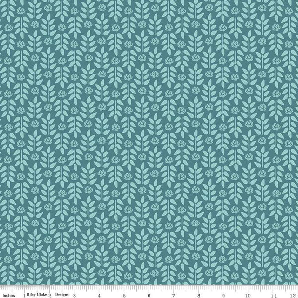 Image of the Morning Meadow Stems Dusk quilting cotton fabric. Features sprigs on a blue background. Cute Little Fabric Shop