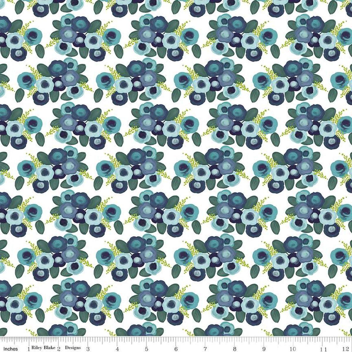 Image of the Morning Meadow Roses White quilting cotton fabric. Features flowers on a white background. Cute Little Fabric Shop