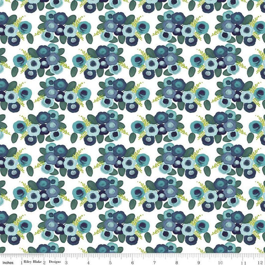 Image of the Morning Meadow Roses White quilting cotton fabric. Features flowers on a white background. Cute Little Fabric Shop