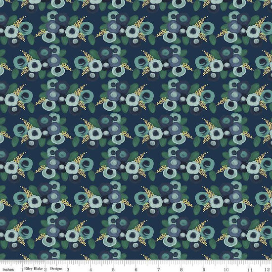 Image of the Morning Meadow Roses Night quilting cotton fabric. Features flowers on a blue background. Cute Little Fabric Shop