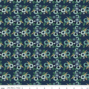 Image of the Morning Meadow Roses Night quilting cotton fabric. Features flowers on a blue background. Cute Little Fabric Shop