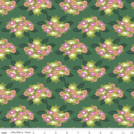 Image of the Morning Meadow Bouquets Green quilting cotton fabric. Features flowers on a green background. Cute Little Fabric Shop
