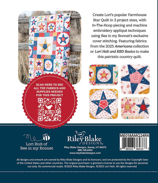 SALE Machine Embroidery Americana Farmhouse Star Quilt Projects INSTRUCTIONS ME018AMQ24R4 - Riley Blake Designs - USB File 5 Projects