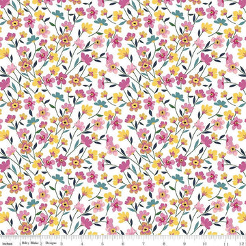 Image of the Morning Meadow Flower Field White quilting cotton fabric. Features flowers on a white background. Cute Little Fabric Shop