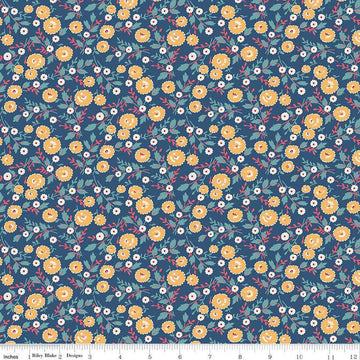 Image of the Americana Freedom Dark Denim quilting cotton fabric by Lori Holt for Riley Blake Designs. Features flowers on a blue background. Cute Little Fabric Shop