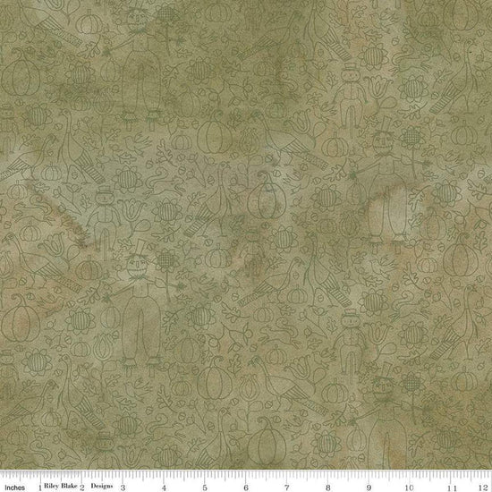 Image of the Bittersweet Farm Icons Olive quilting cotton fabric by Riley Blake Designs. Features line-drawn fall icons, such as pumpkins, turkeys, sunflowers, acorns, and scarecrows, on a textured green background. 
Cute Little Fabric Shop