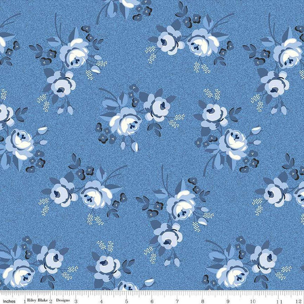 6" End of Bolt - Blue Jean Main C12720 Blue by Riley Blake Designs - Floral Flowers - Quilting Cotton Fabric