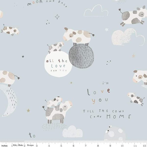 FLANNEL Till the Cows Come Home Main F16110 Blue - Riley Blake Designs - Cows Moons Stars Clouds - FLANNEL Cotton Fabric