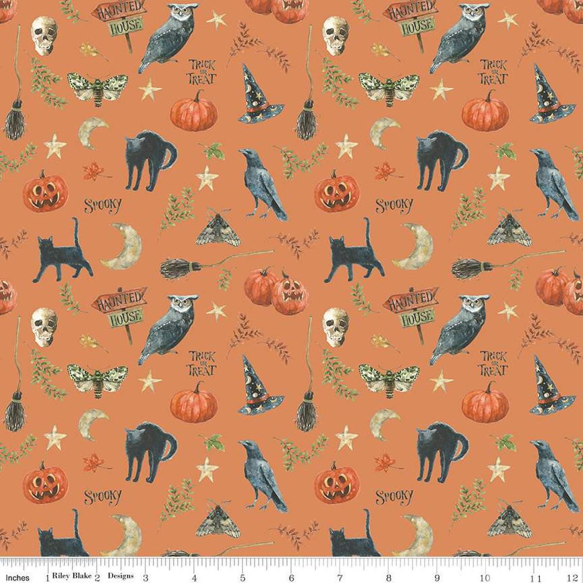 Image of the Trick or Treat Spooky Orange quilting cotton fabric by Lisa Audit for Riley Blake Designs. Features halloween icons on an orange background. Cute Little Fabric Shop