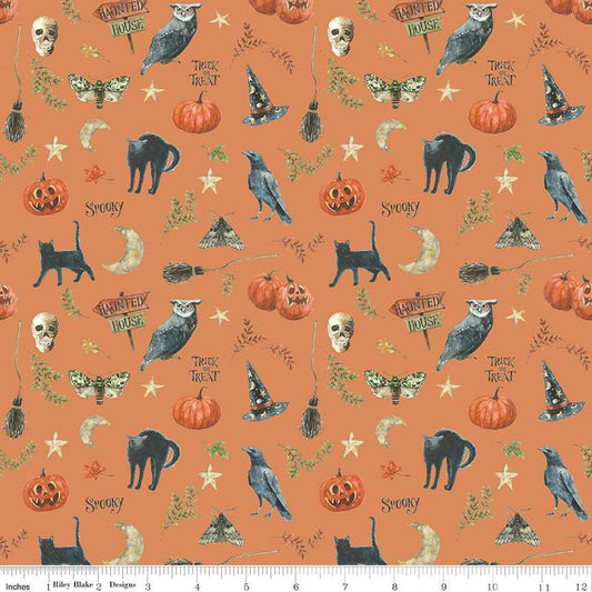 Image of the Trick or Treat Spooky Orange quilting cotton fabric by Lisa Audit for Riley Blake Designs. Features halloween icons on an orange background. Cute Little Fabric Shop