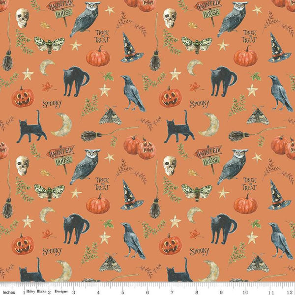 Image of the Trick or Treat Spooky Orange quilting cotton fabric by Lisa Audit for Riley Blake Designs. Features halloween icons on an orange background. Cute Little Fabric Shop