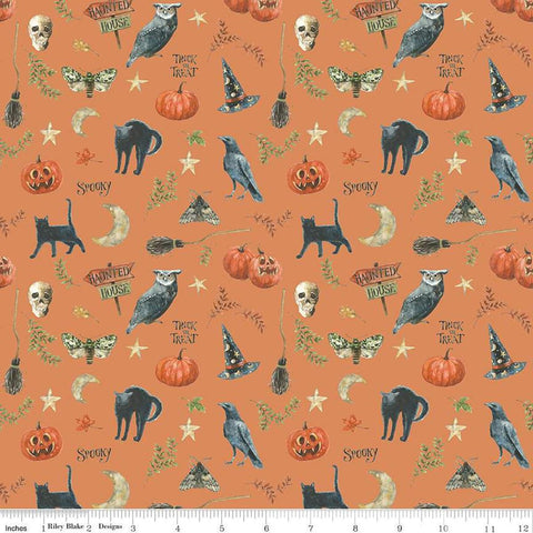 Image of the Trick or Treat Spooky Orange quilting cotton fabric by Lisa Audit for Riley Blake Designs. Features halloween icons on an orange background. Cute Little Fabric Shop
