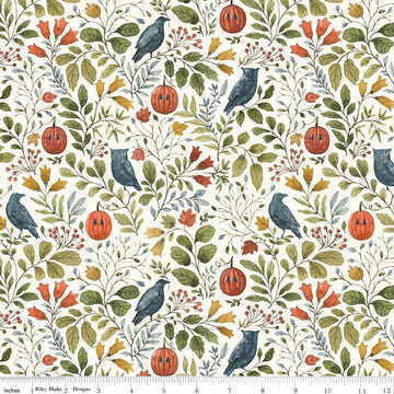 Image of the Trick or Treat Foliage Cream quilting cotton fabric by Lisa Audit for Riley Blake Designs. Features halloween icons on a cream background. Cute Little Fabric Shop