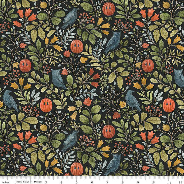 Image of the Trick or Treat Foliage Black quilting cotton fabric by Lisa Audit for Riley Blake Designs. Features halloween icons on a black background. Cute Little Fabric Shop