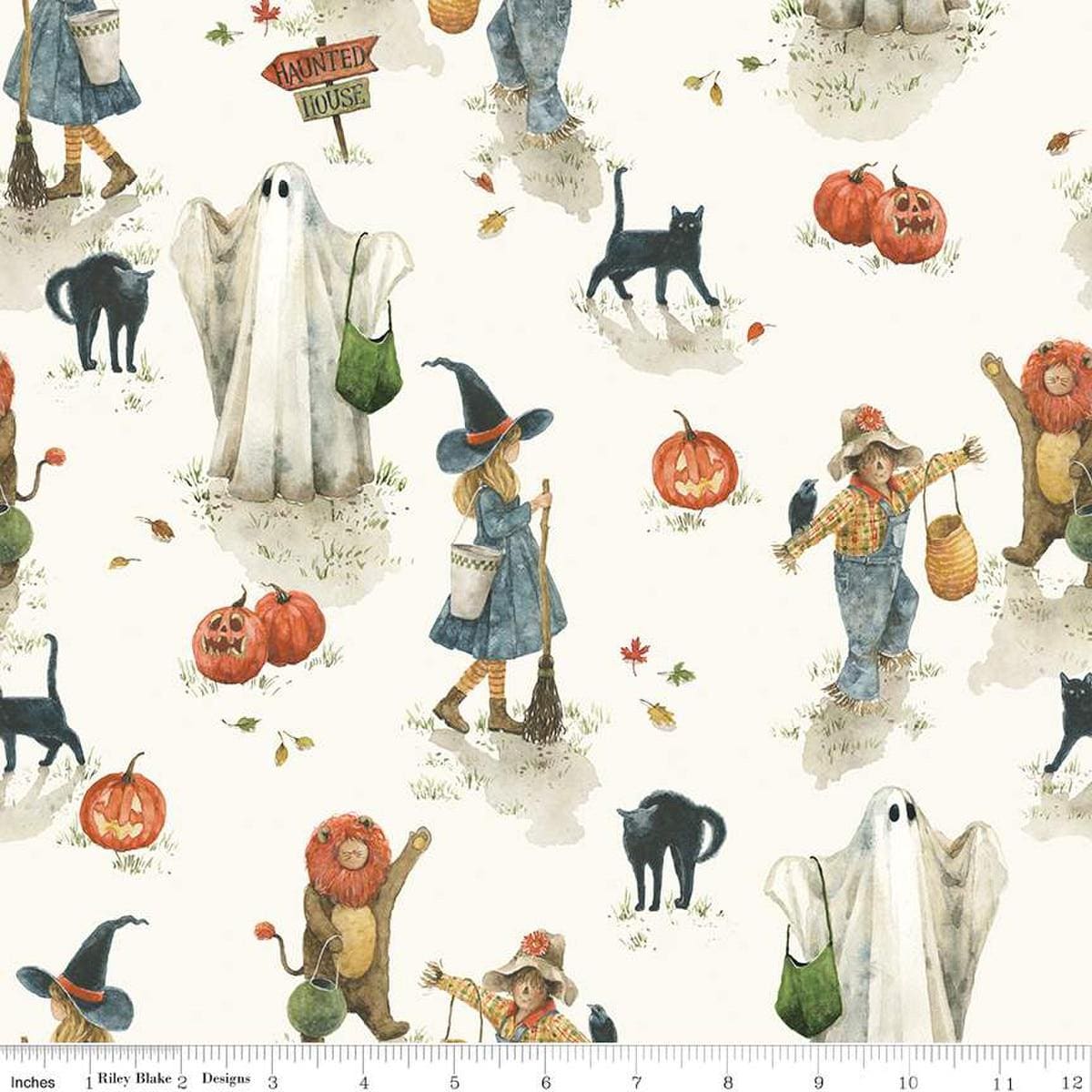 Image of the Trick or Treat Main Cream quilting cotton fabric by Lisa Audit for Riley Blake Designs. Features halloween icons on a cream background. Cute Little Fabric Shop