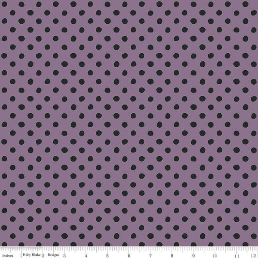 Image of the Trick or Treat Dots Plum quilting cotton fabric by Lisa Audit for Riley Blake Designs. Features dots on a purple background. Cute Little Fabric Shop