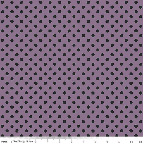 Image of the Trick or Treat Dots Plum quilting cotton fabric by Lisa Audit for Riley Blake Designs. Features dots on a purple background. Cute Little Fabric Shop