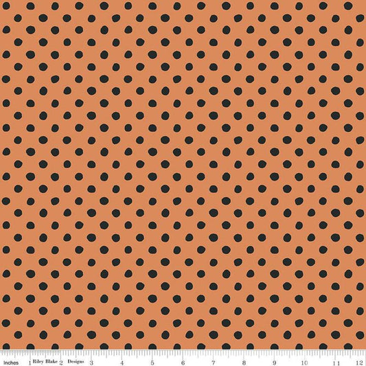 Image of the Trick or Treat Dots Orange quilting cotton fabric by Lisa Audit for Riley Blake Designs. Features dots on an orange background. Cute Little Fabric Shop