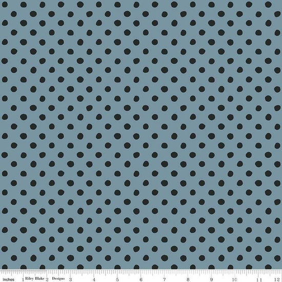 Image of the Trick or Treat Dots Dusk quilting cotton fabric by Lisa Audit for Riley Blake Designs. Features dots on a blue background. Cute Little Fabric Shop