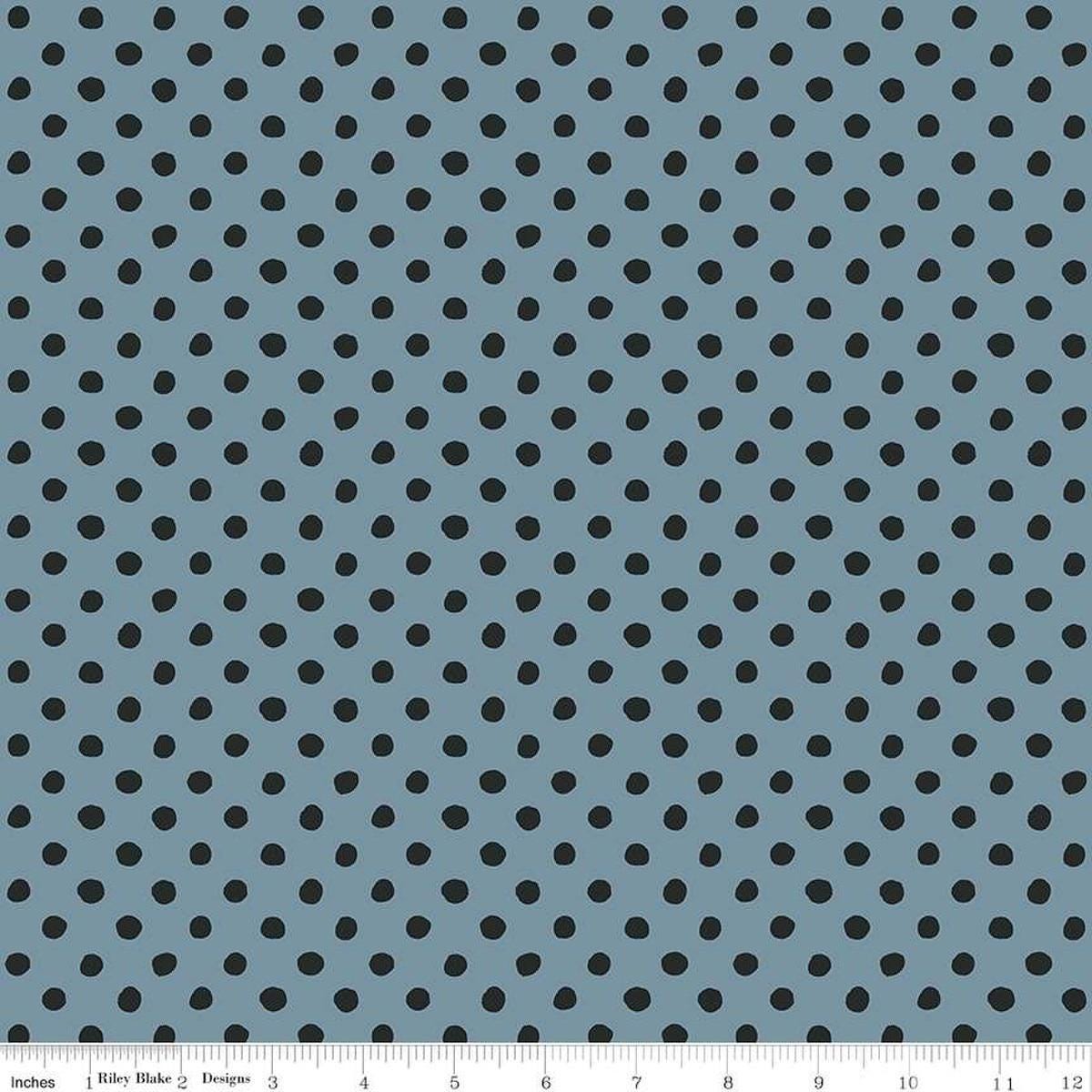 Image of the Trick or Treat Dots Dusk quilting cotton fabric by Lisa Audit for Riley Blake Designs. Features dots on a blue background. Cute Little Fabric Shop