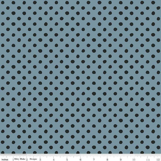 Image of the Trick or Treat Dots Dusk quilting cotton fabric by Lisa Audit for Riley Blake Designs. Features dots on a blue background. Cute Little Fabric Shop