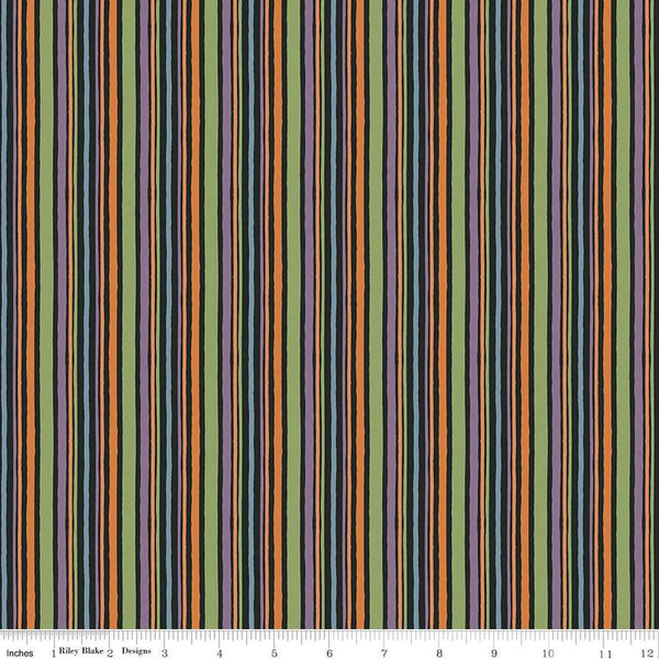 Image of the Trick or Treat Stripes Black quilting cotton fabric by Lisa Audit for Riley Blake Designs. Features stripes on a black background. Cute Little Fabric Shop
