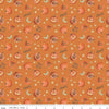 Image of the Trick or Treat Pumpkin Orange quilting cotton fabric by Lisa Audit for Riley Blake Designs. Features halloween icons on an orange background. Cute Little Fabric Shop