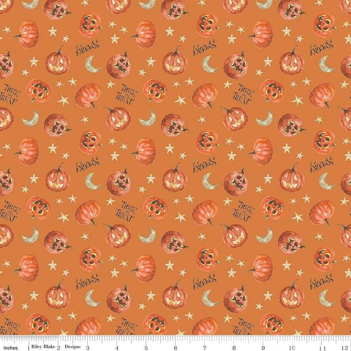 Image of the Trick or Treat Pumpkin Orange quilting cotton fabric by Lisa Audit for Riley Blake Designs. Features halloween icons on an orange background. Cute Little Fabric Shop