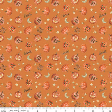 Image of the Trick or Treat Pumpkin Orange quilting cotton fabric by Lisa Audit for Riley Blake Designs. Features halloween icons on an orange background. Cute Little Fabric Shop