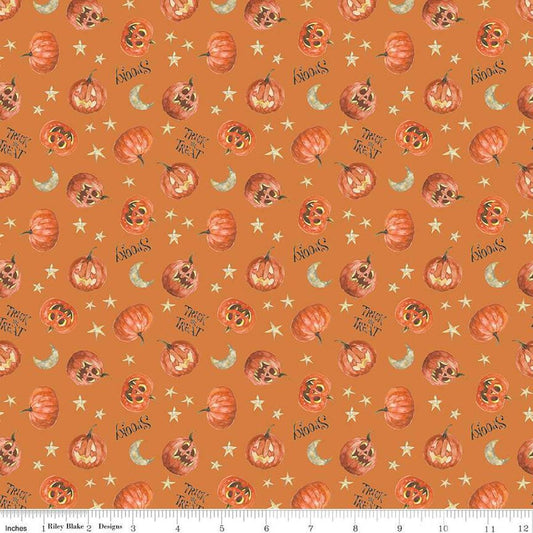 Image of the Trick or Treat Pumpkin Orange quilting cotton fabric by Lisa Audit for Riley Blake Designs. Features halloween icons on an orange background. Cute Little Fabric Shop