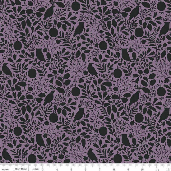 Image of the Trick or Treat Silhouette Plum quilting cotton fabric by Lisa Audit for Riley Blake Designs. Features halloween icons on a purple background. Cute Little Fabric Shop