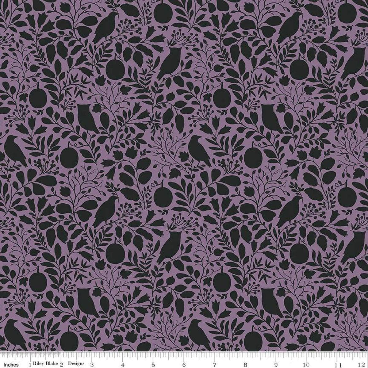 Image of the Trick or Treat Silhouette Plum quilting cotton fabric by Lisa Audit for Riley Blake Designs. Features halloween icons on a purple background. Cute Little Fabric Shop