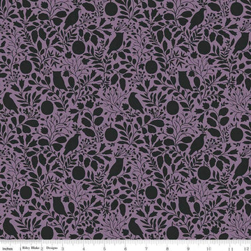 Image of the Trick or Treat Silhouette Plum quilting cotton fabric by Lisa Audit for Riley Blake Designs. Features halloween icons on a purple background. Cute Little Fabric Shop