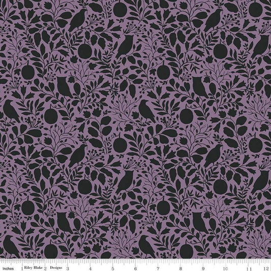 Image of the Trick or Treat Silhouette Plum quilting cotton fabric by Lisa Audit for Riley Blake Designs. Features halloween icons on a purple background. Cute Little Fabric Shop